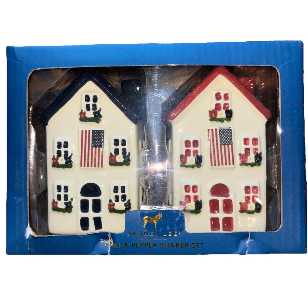 Dabney Lee Salt & Pepper Shakers American Houses Flag Red White Blue Ceramic NEW